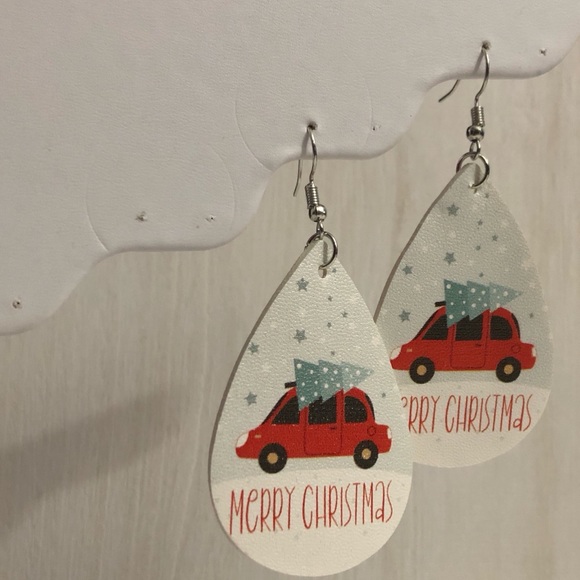 Jewelry - Merry Christmas Car with Tree Teardrop Earrings